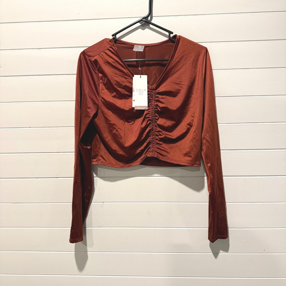 CALIA Ruched Long Sleeve Rash Guard Womens L Red Brown Shine Crop Swim Top NWT